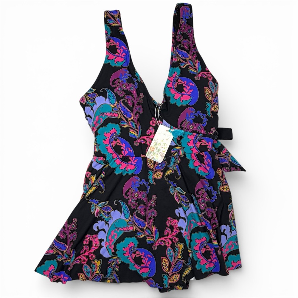 Johnny Was Fatima Wrap Skirt One Piece Swimsuit Black Paisley XL NWT Boho Luxury - Picture 5 of 10